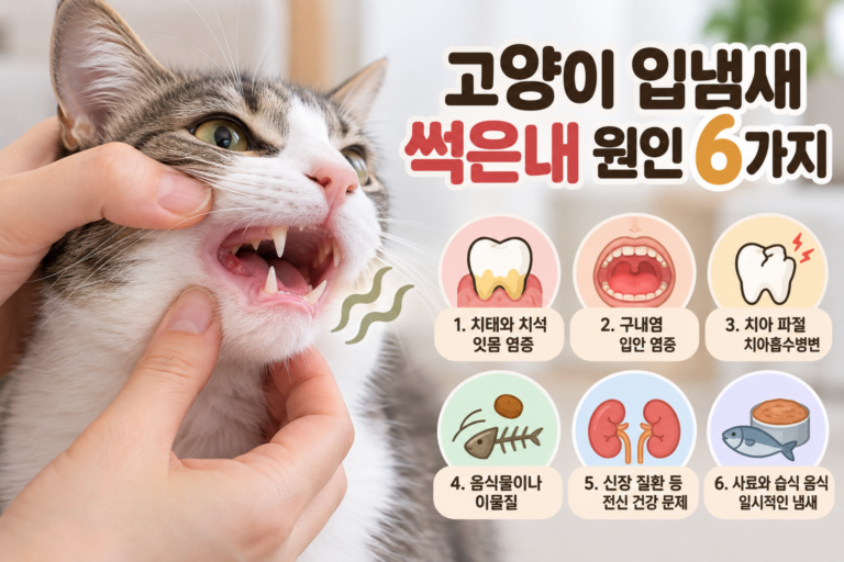 어린 고양이의 입과 치아 상태를 살펴보는 모습으로 고양이 입냄새 썩은내 원인과 구강 건강을 설명하는 이미지